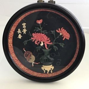 Vintage Asian Floral Jade, Coral Celluloid Shadow Box Round Framed Wall Hanging